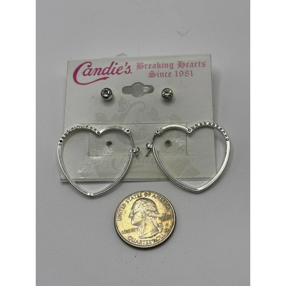 Candies‎ Silver Tone Heart Hoop Rhinestone Earrings and Stud Set 2 Pair New